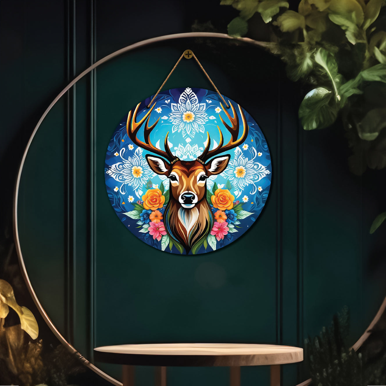 Deer in blue and floral mandala Round Wooden Wall Hanging for wall Décor - Design - 311