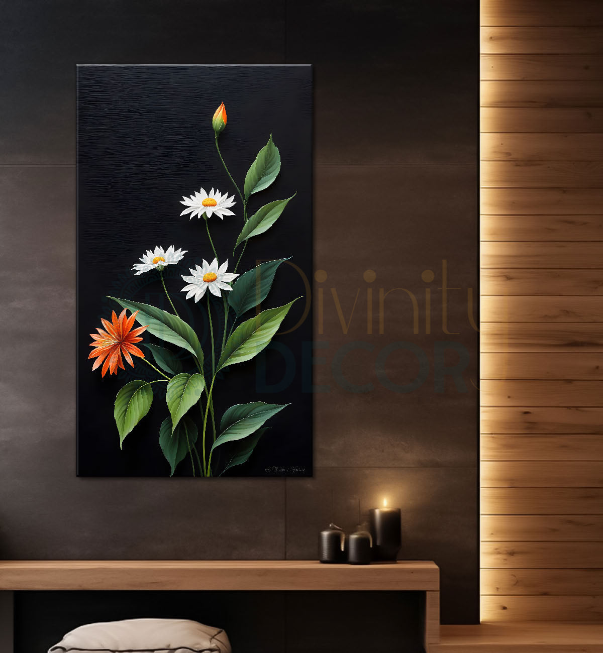 Orange and white flowers in dark textured background painting- Flower-V-311