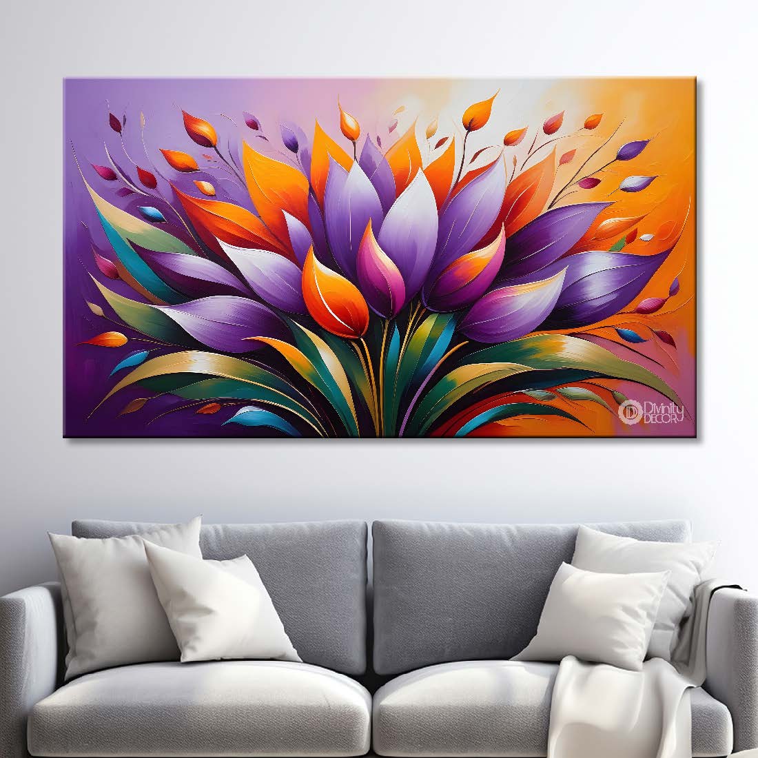 Purple flower in pink background canvas painting- Flower-312