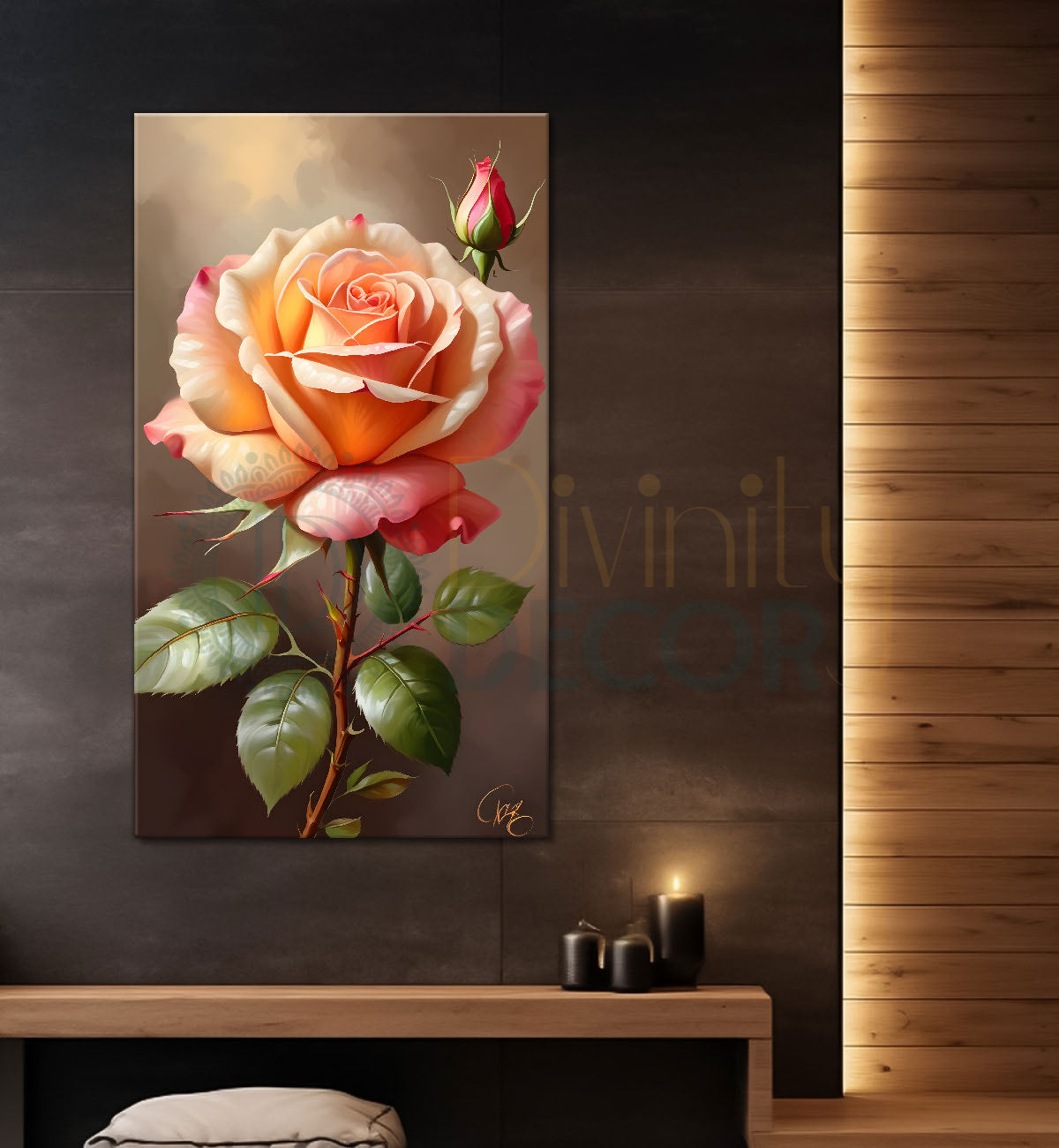 Light pink rose in light brown textued background painting- Flower-V-312
