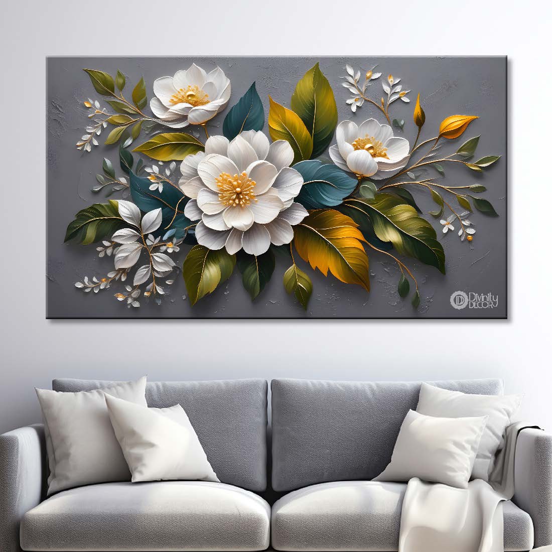 White flowers in grey background canvas painting- Flower-313