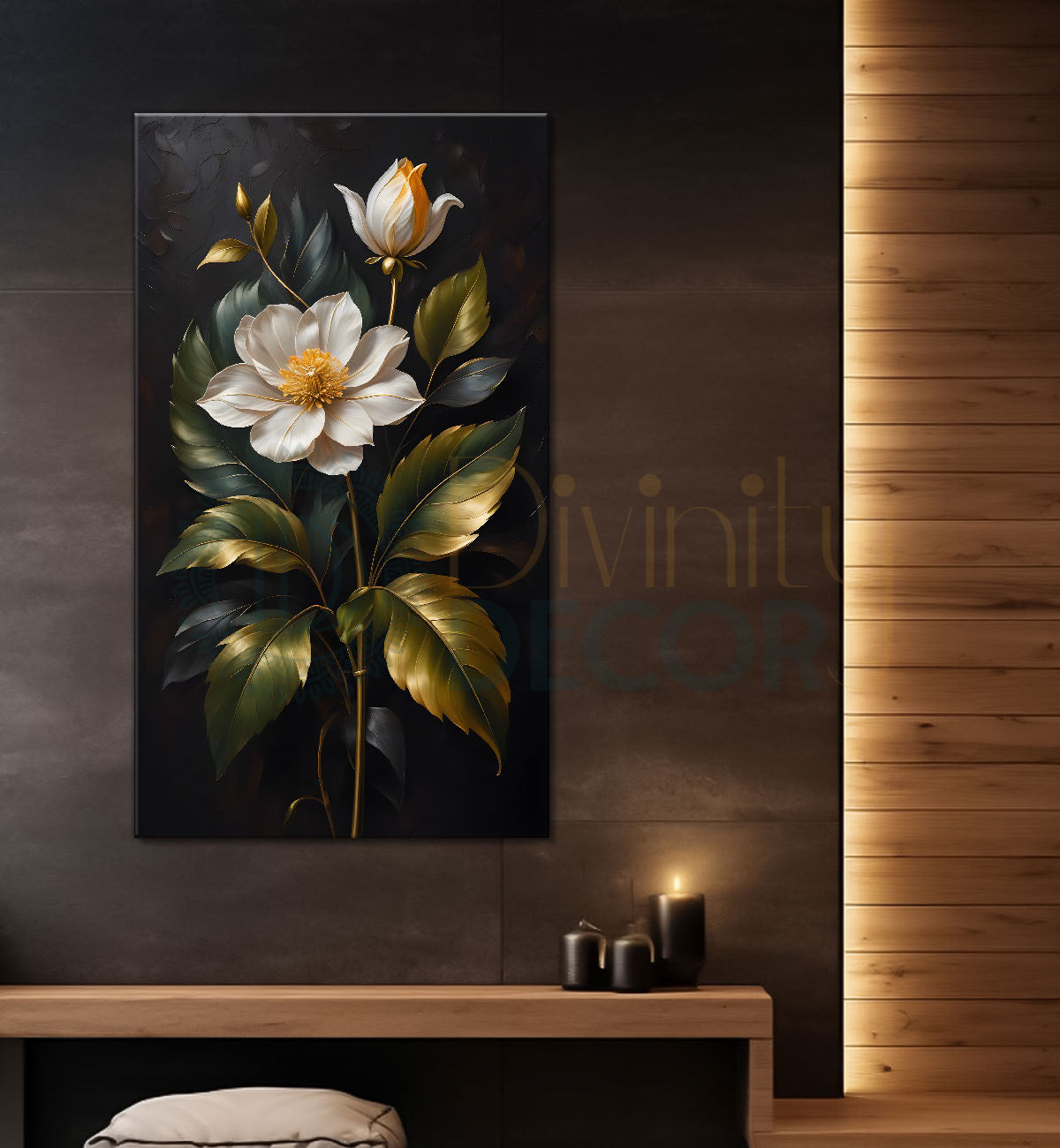 White flowers in black textured background painting- Flower-V-313
