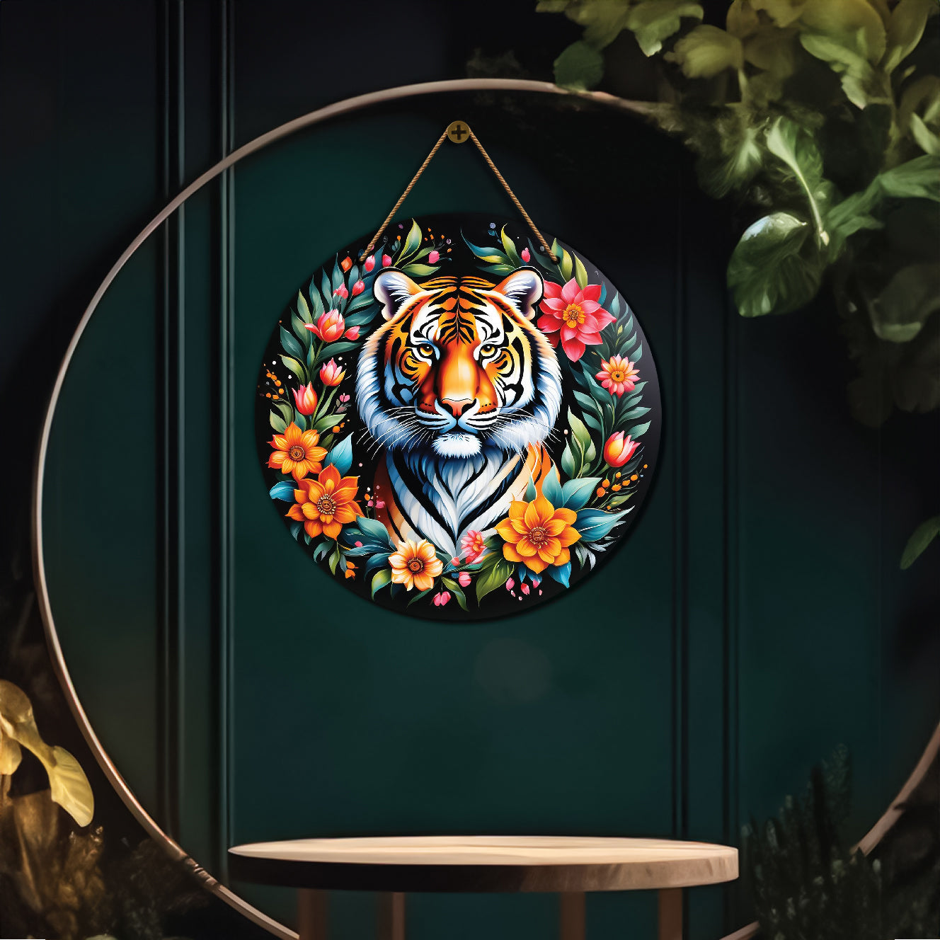 Tiger in floral mandala Round Wooden Wall Hanging for wall Décor - Design - 313