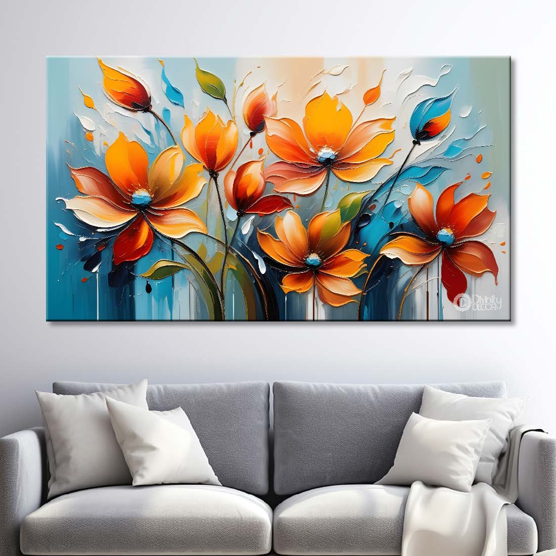 Orange flowers in blue background canvas painting- Flower-314