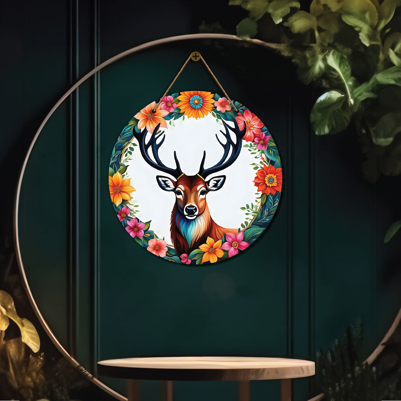 Deer in white and floral mandala Round Wooden Wall Hanging for wall Décor - Design - 314