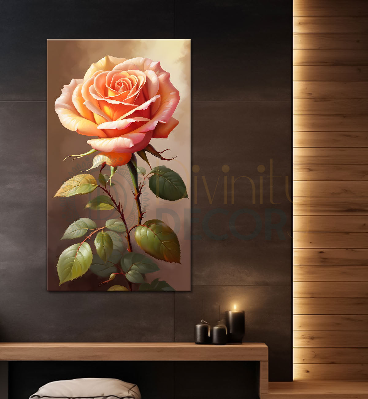 Light pink rose in light brown textued background painting- Flower-V-314