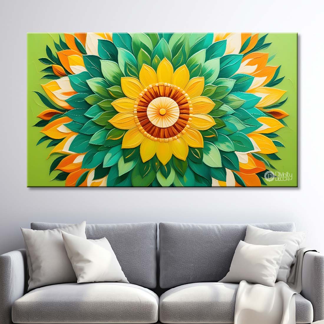 Yellow flower in the center with green and yellow background canvas painting- Flower-315