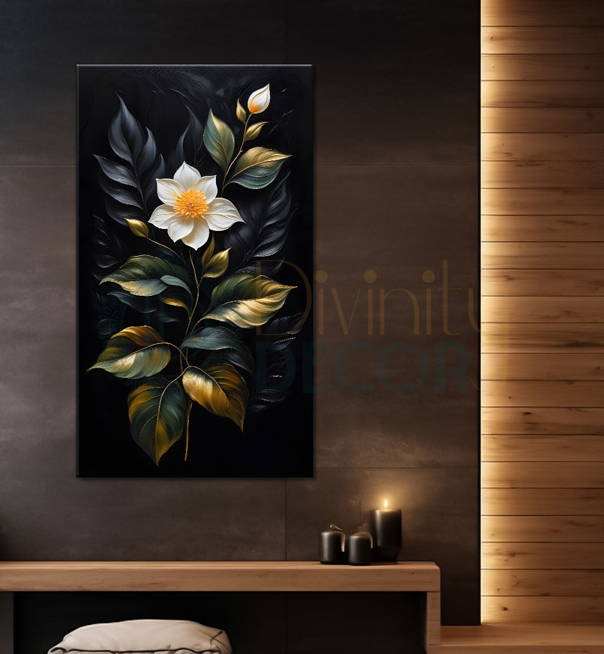 White flowers in black textured background painting- Flower-V-315