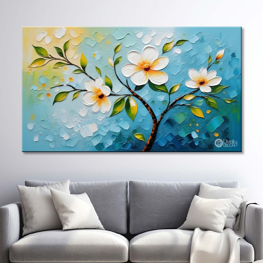 White flowers in blue background canvas painting- Flower-316