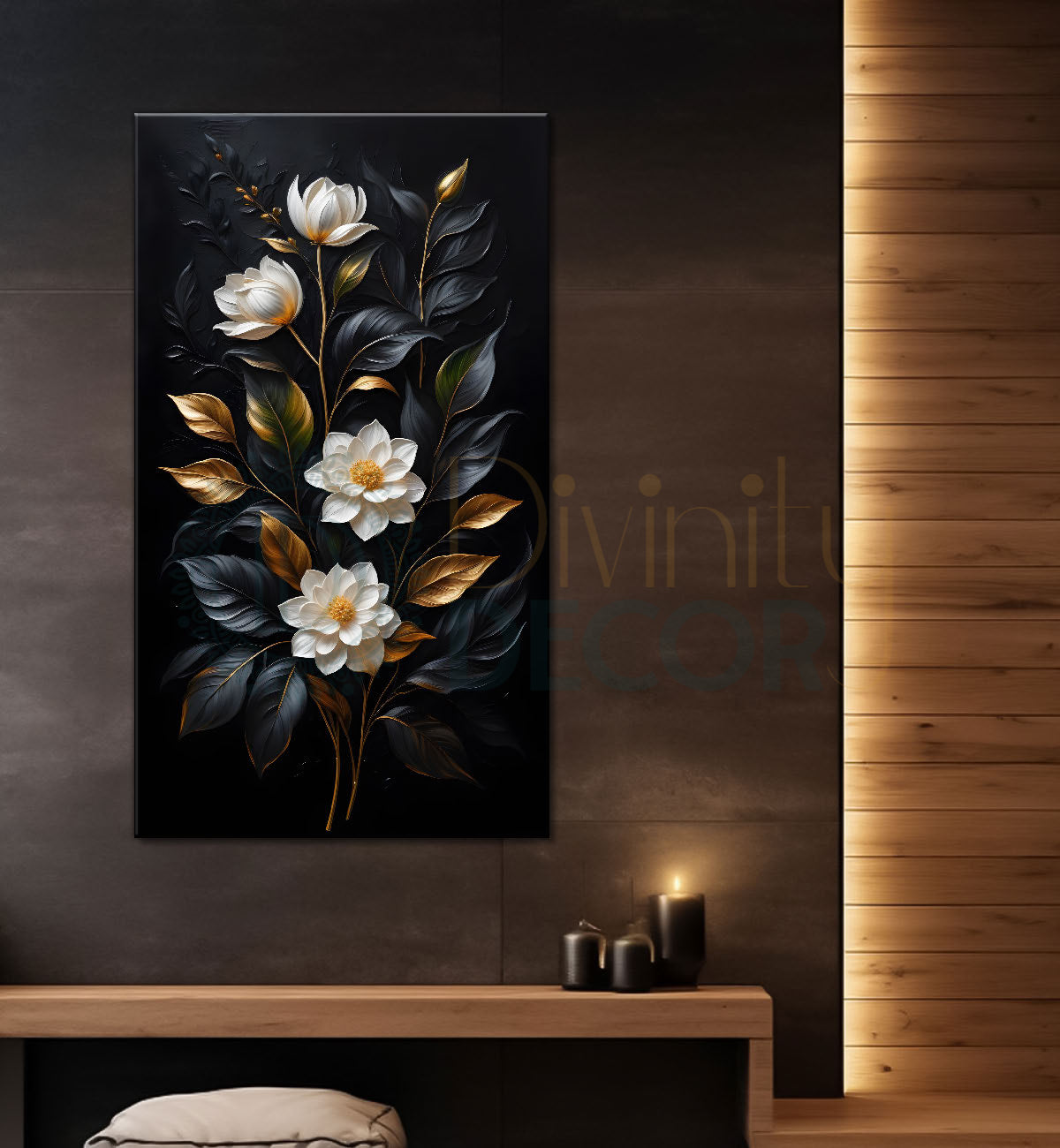 White flowers in black textured background painting- Flower-V-316
