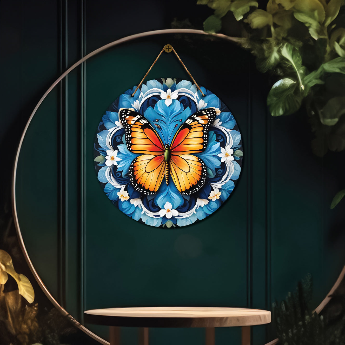 Butterfly in blue and orange mandala Round Wooden Wall Hanging for wall Décor - Design - 316