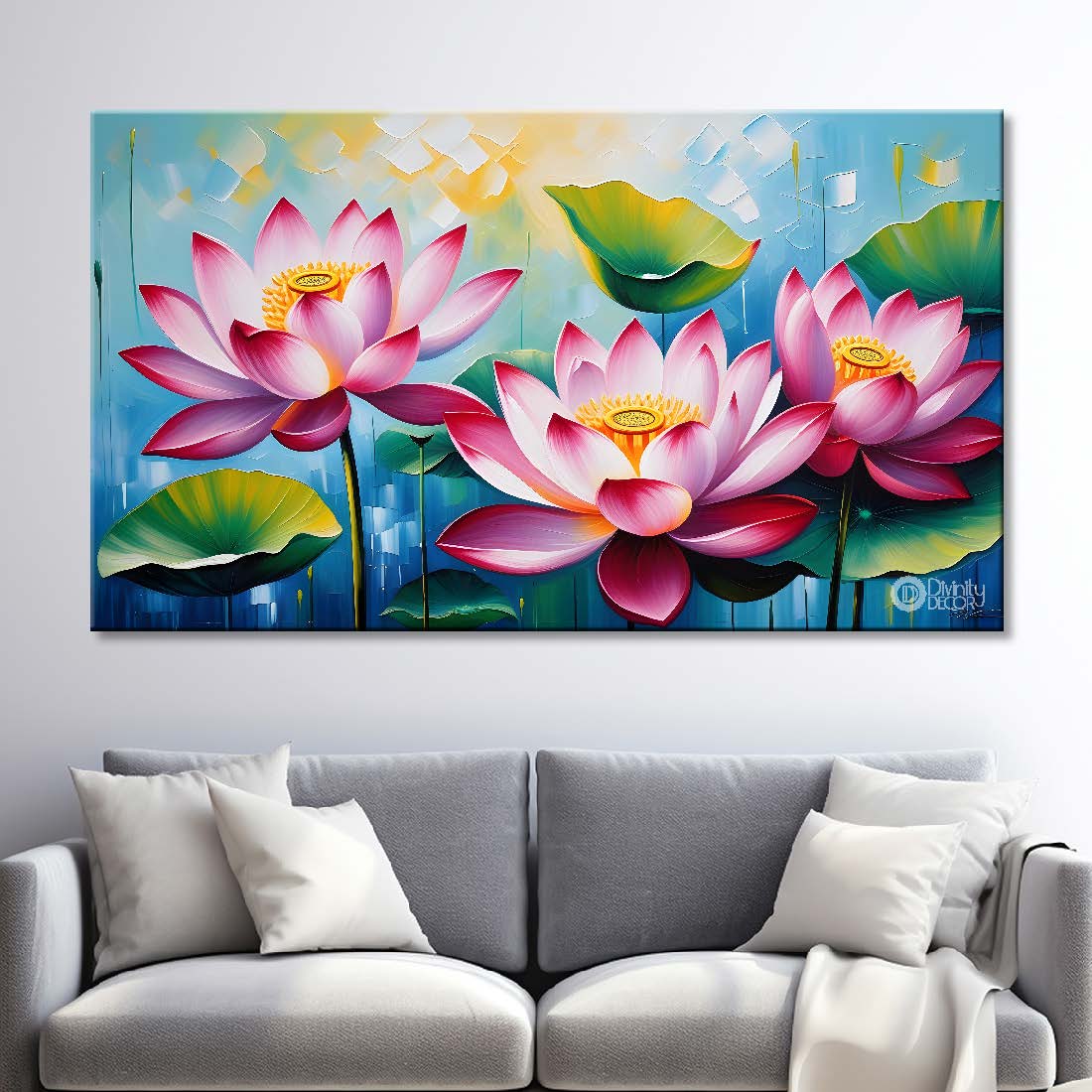 Pink flowers in blue background canvas painting- Flower-317