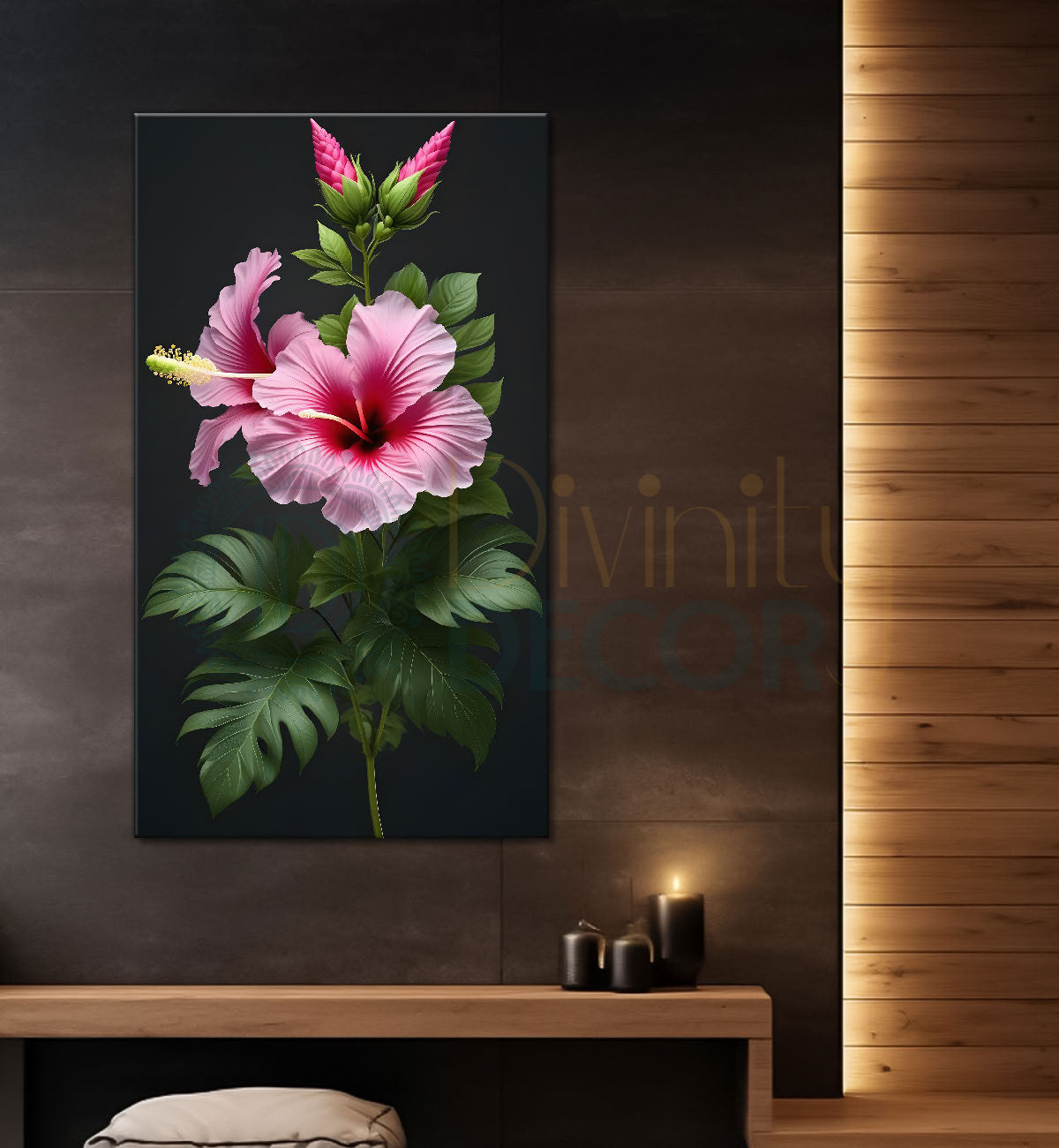 Pink flowers in dark textured painting- Flower-V-317
