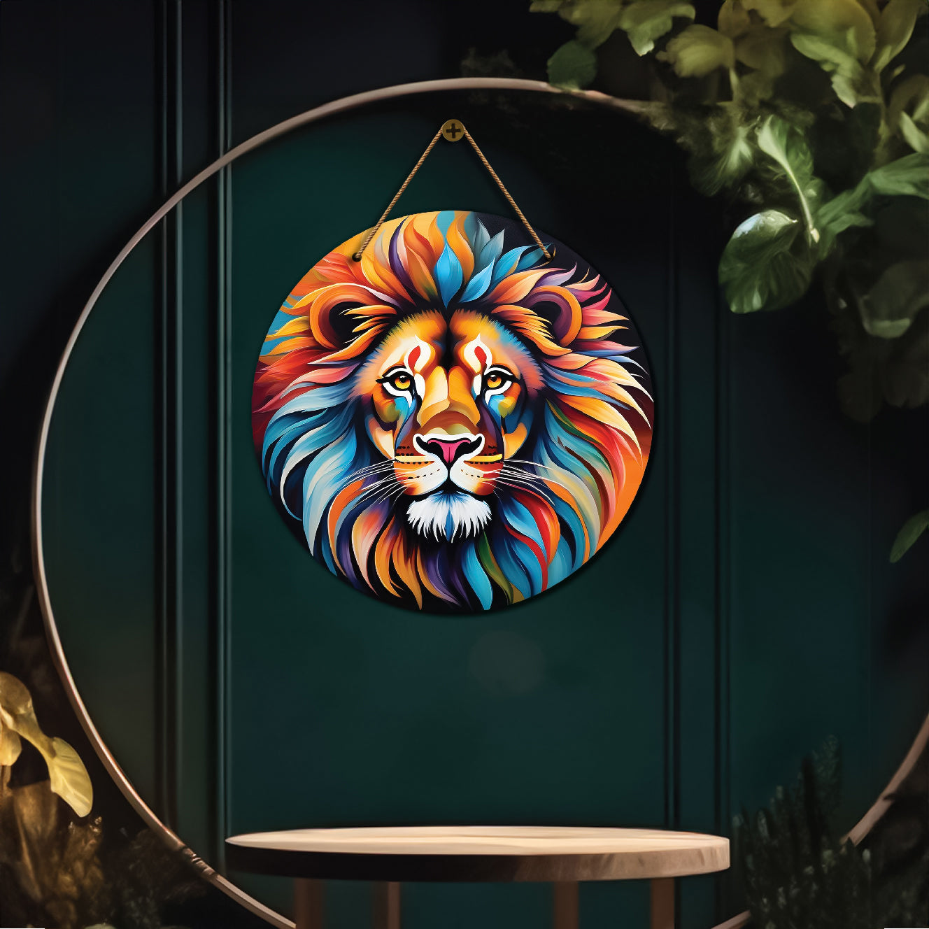 Lion in colourful mandala Round Wooden Wall Hanging for wall Décor - Design - 317