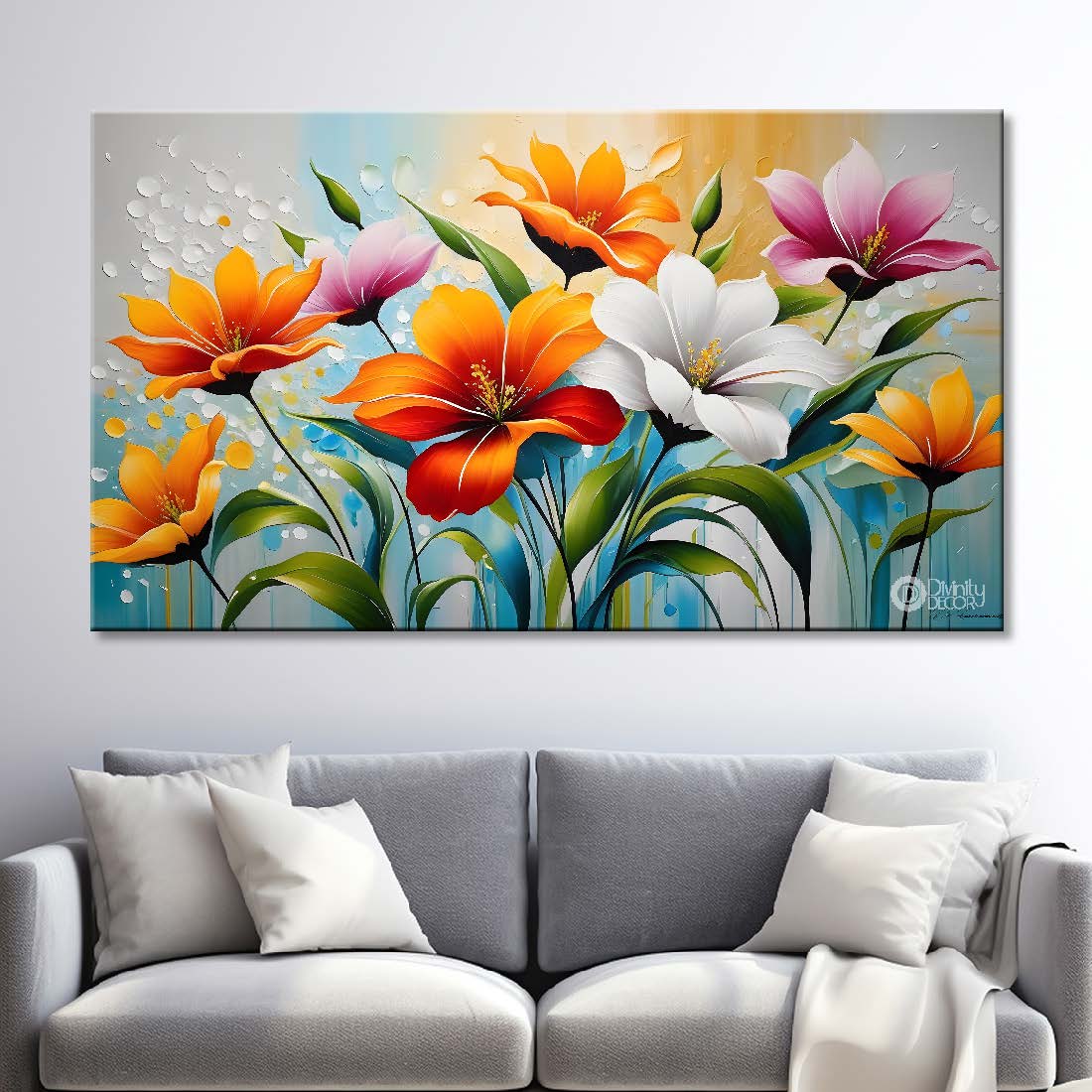 White and orange flowers in blue background canvas painting- Flower-318