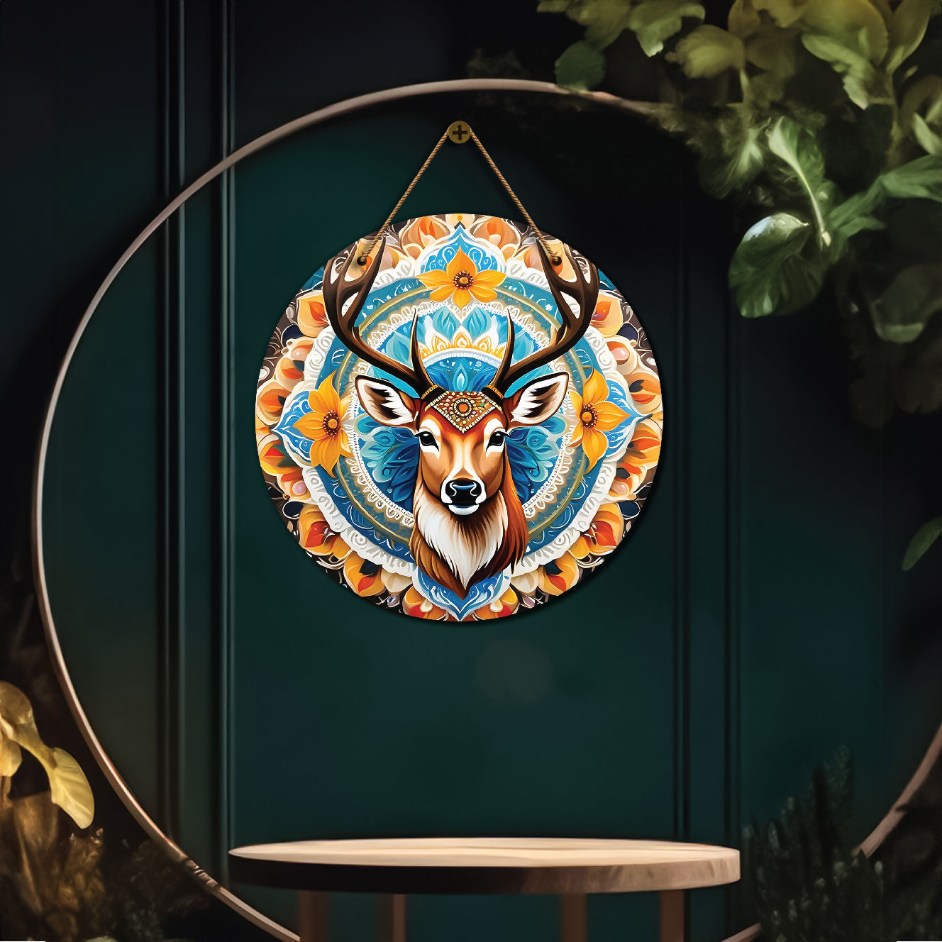 Deer in blue and floral mandala Round Wooden Wall Hanging for wall Décor - Design - 318