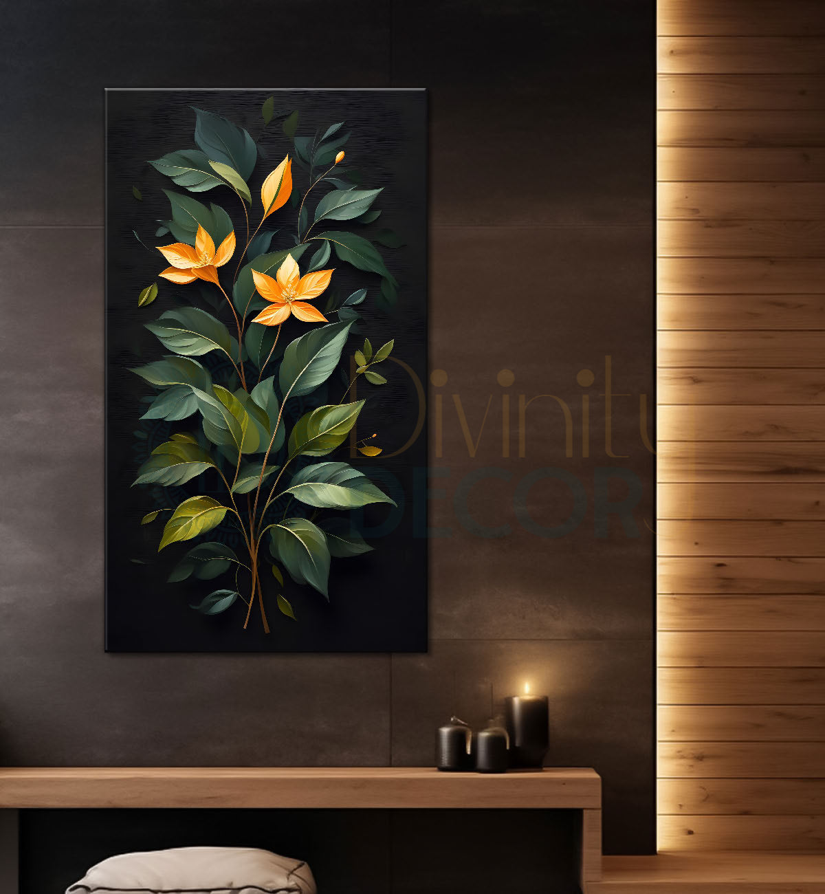 Yellow flowers in dark textured painting- Flower-V-318