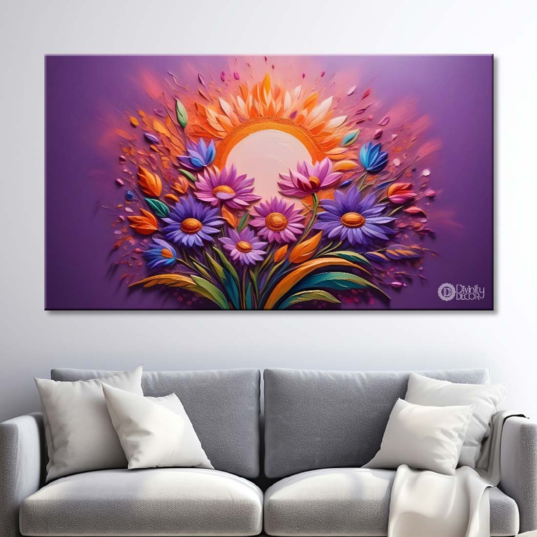 Purple and pink flowers with the sun and pink background canvas painting- Flower-319