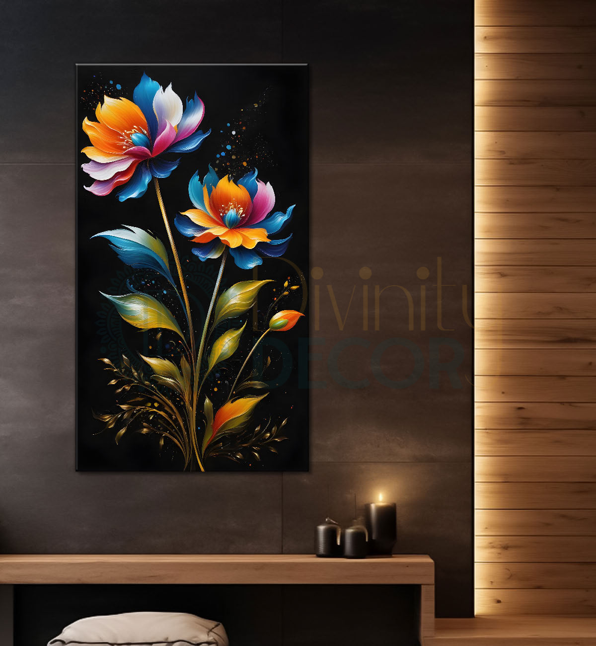Colourful flowers in dark textured painting- Flower-V-319