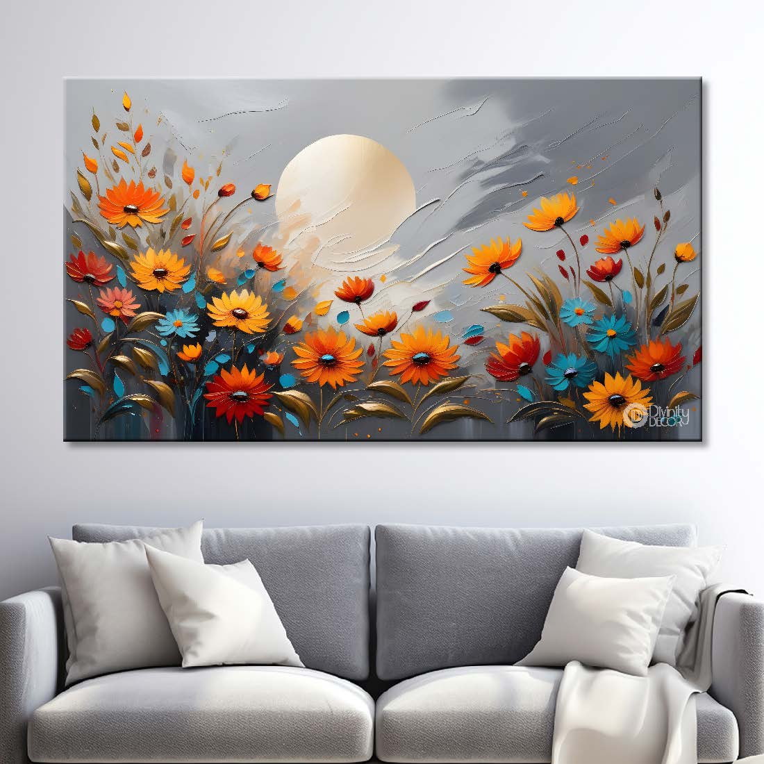 Orange flowers with the moon and grey background canvas painting- Flower-320