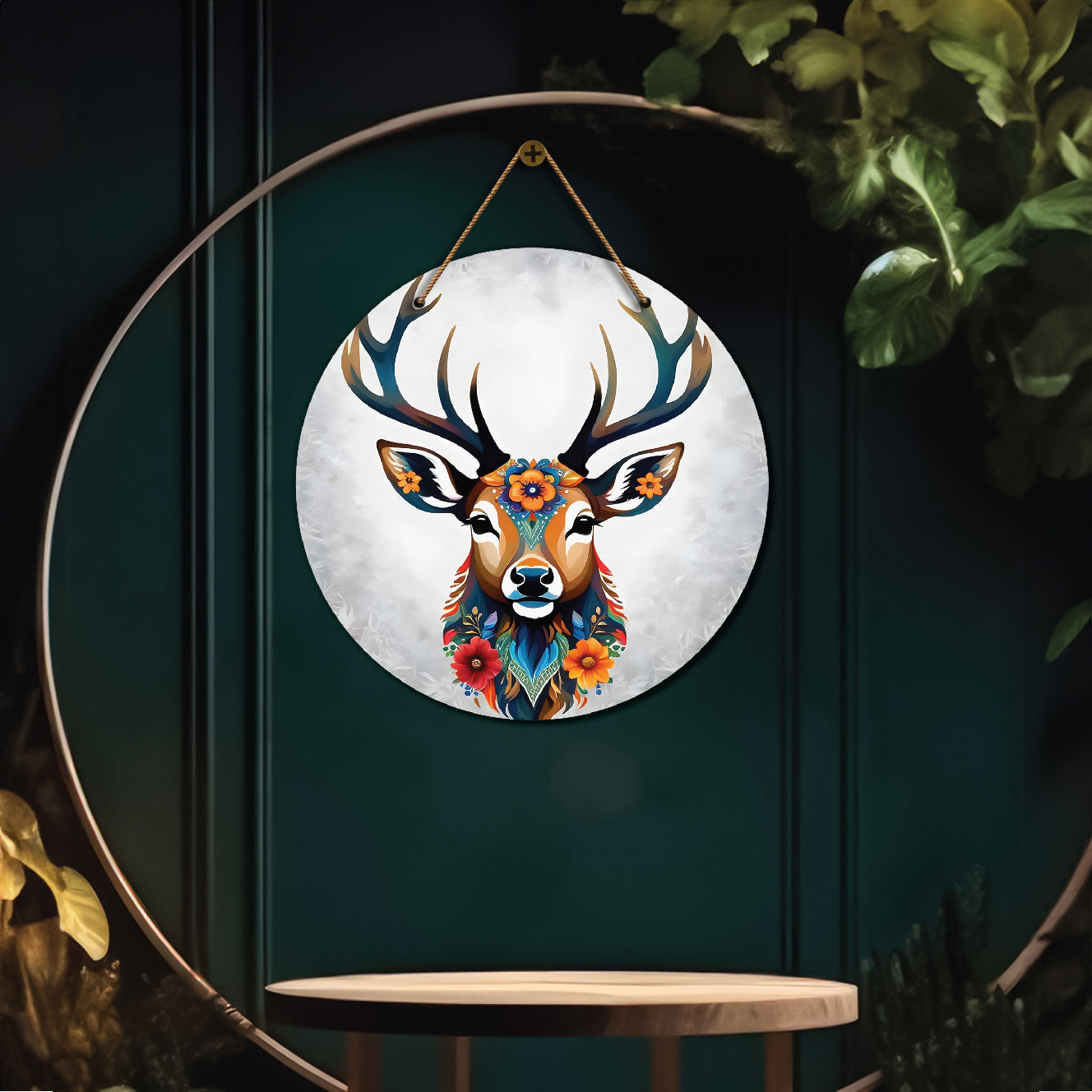 Deer in white and floral mandala Round Wooden Wall Hanging for wall Décor - Design - 320
