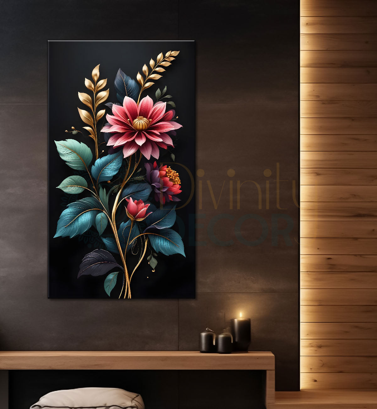 Pink flowers in dark textured painting- Flower-V-320