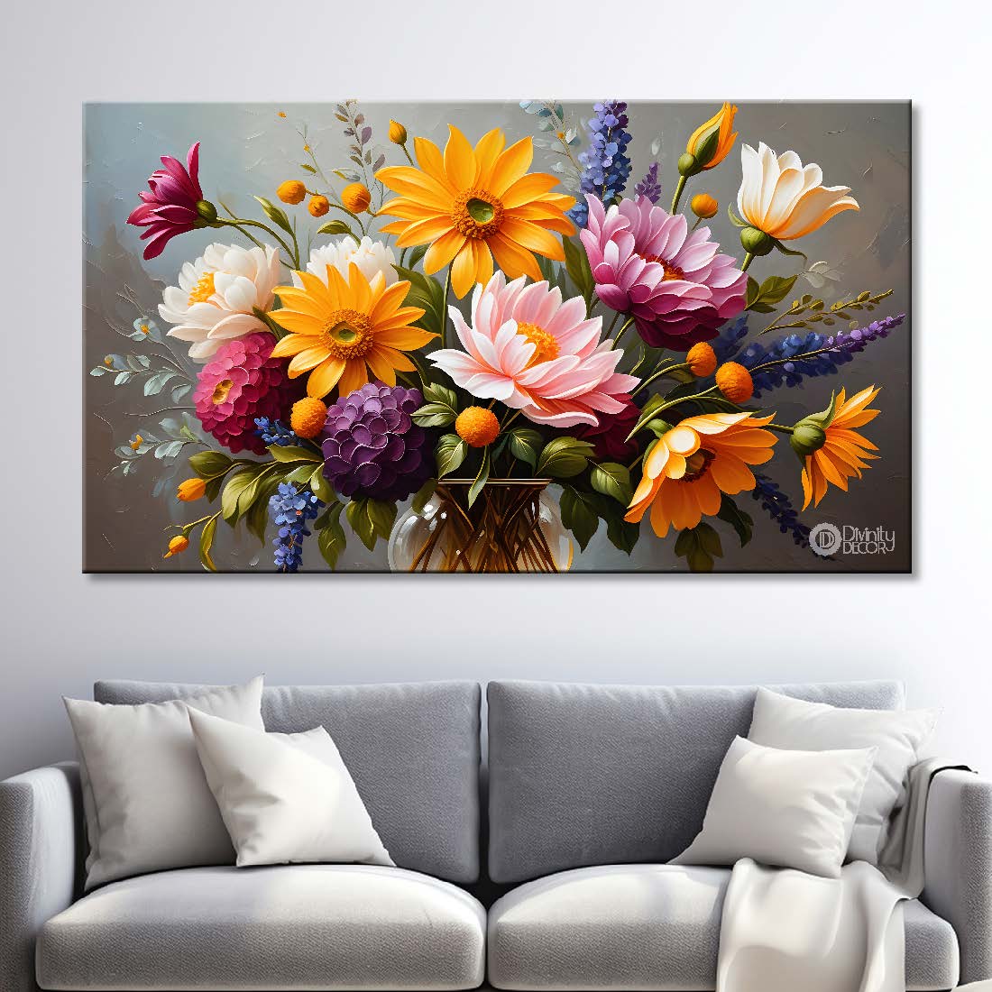 Colorful flowers in grey background canvas painting- Flower-321