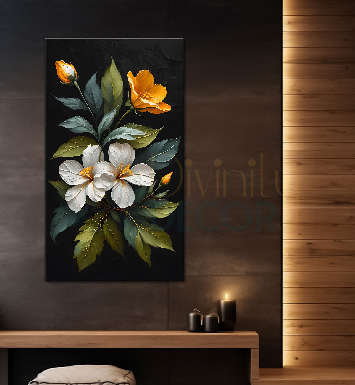 White and orange in dark textured painting- Flower-V-321