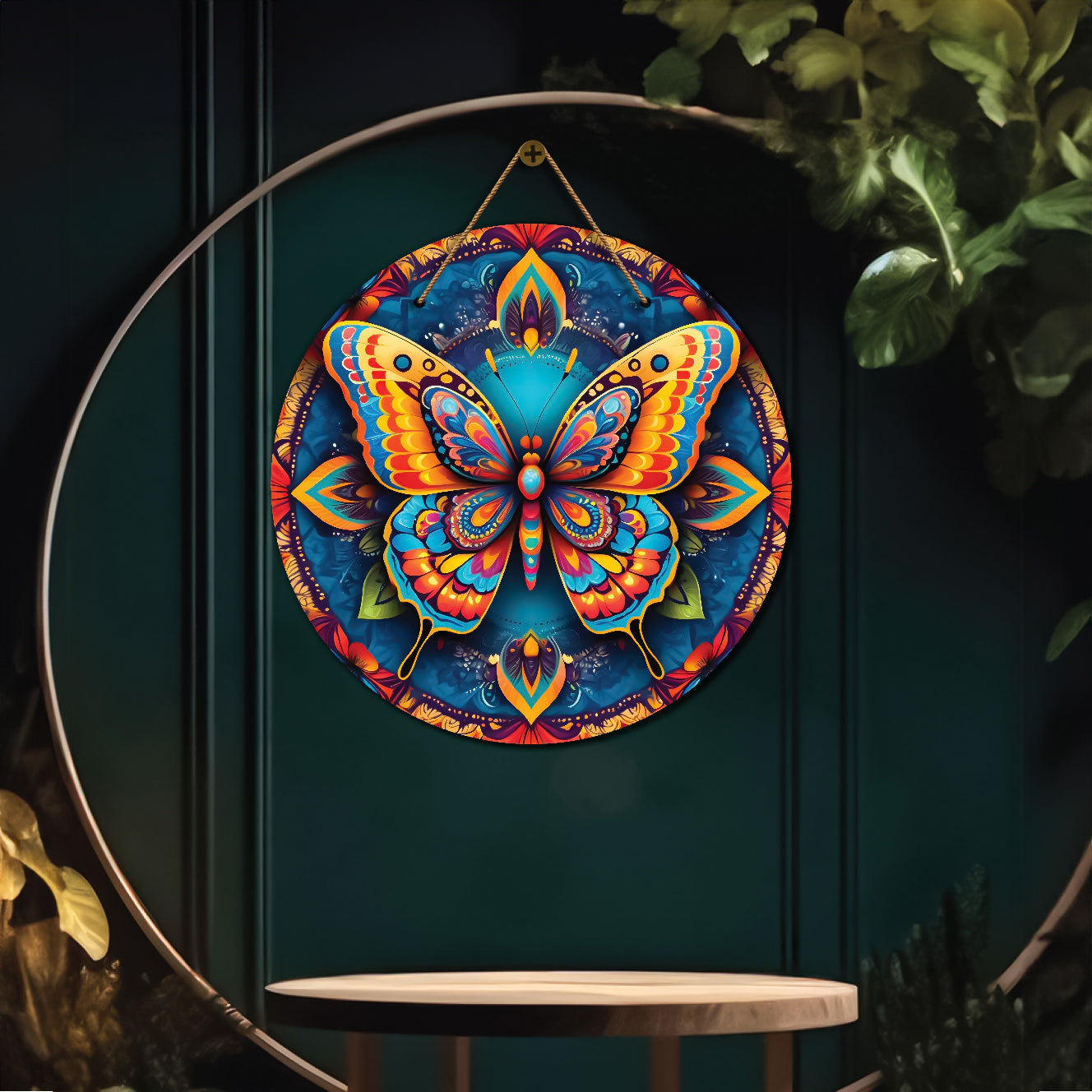 Butterfly in blue and floral mandala Round Wooden Wall Hanging for wall Décor - Design - 321
