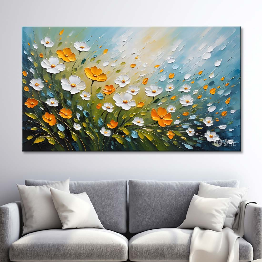 White and yellow flowers in blue background canvas painting- Flower-322
