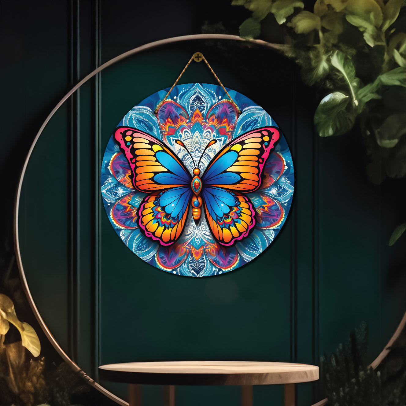 Butterfly in blue and floral mandala Round Wooden Wall Hanging for wall Décor - Design - 322