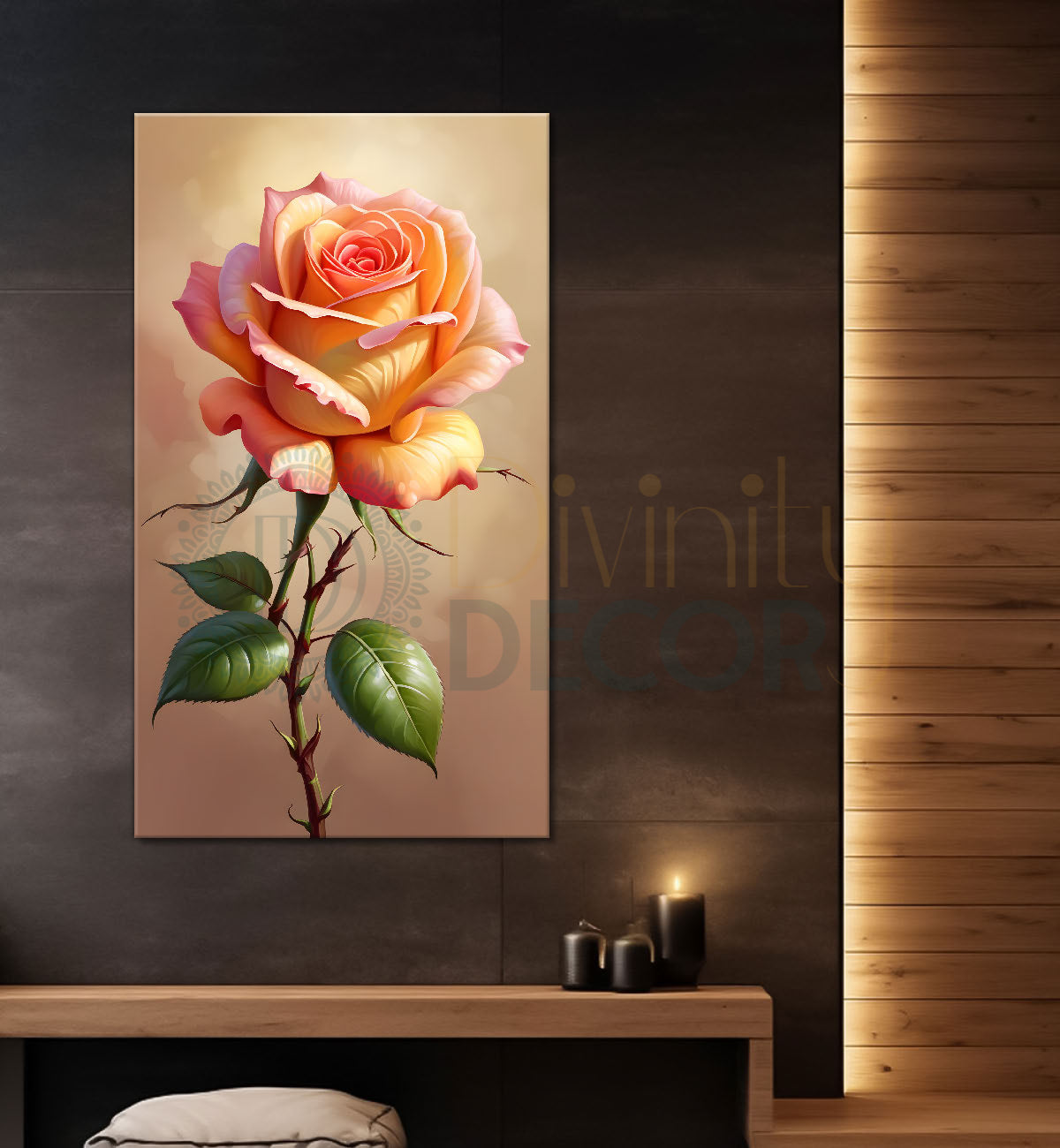 Light pink rose in light brown textued background painting- Flower-V-322