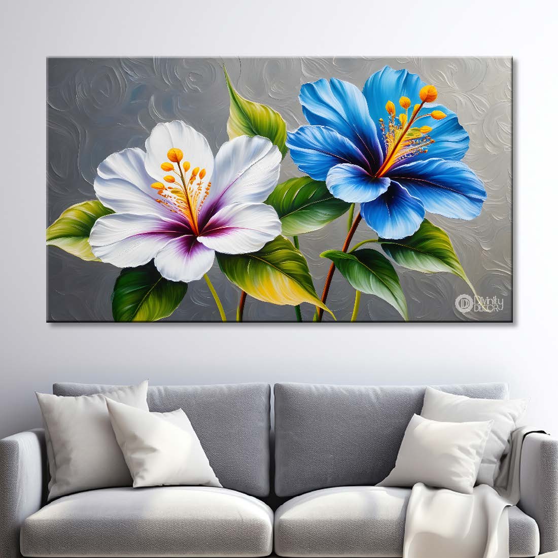 White and blue flowers in grey background canvas painting- Flower-323