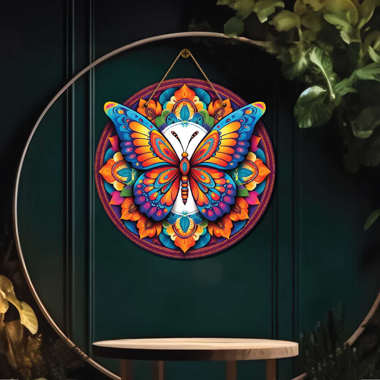 Butterfly in blue and floral mandala Round Wooden Wall Hanging for wall Décor - Design - 323