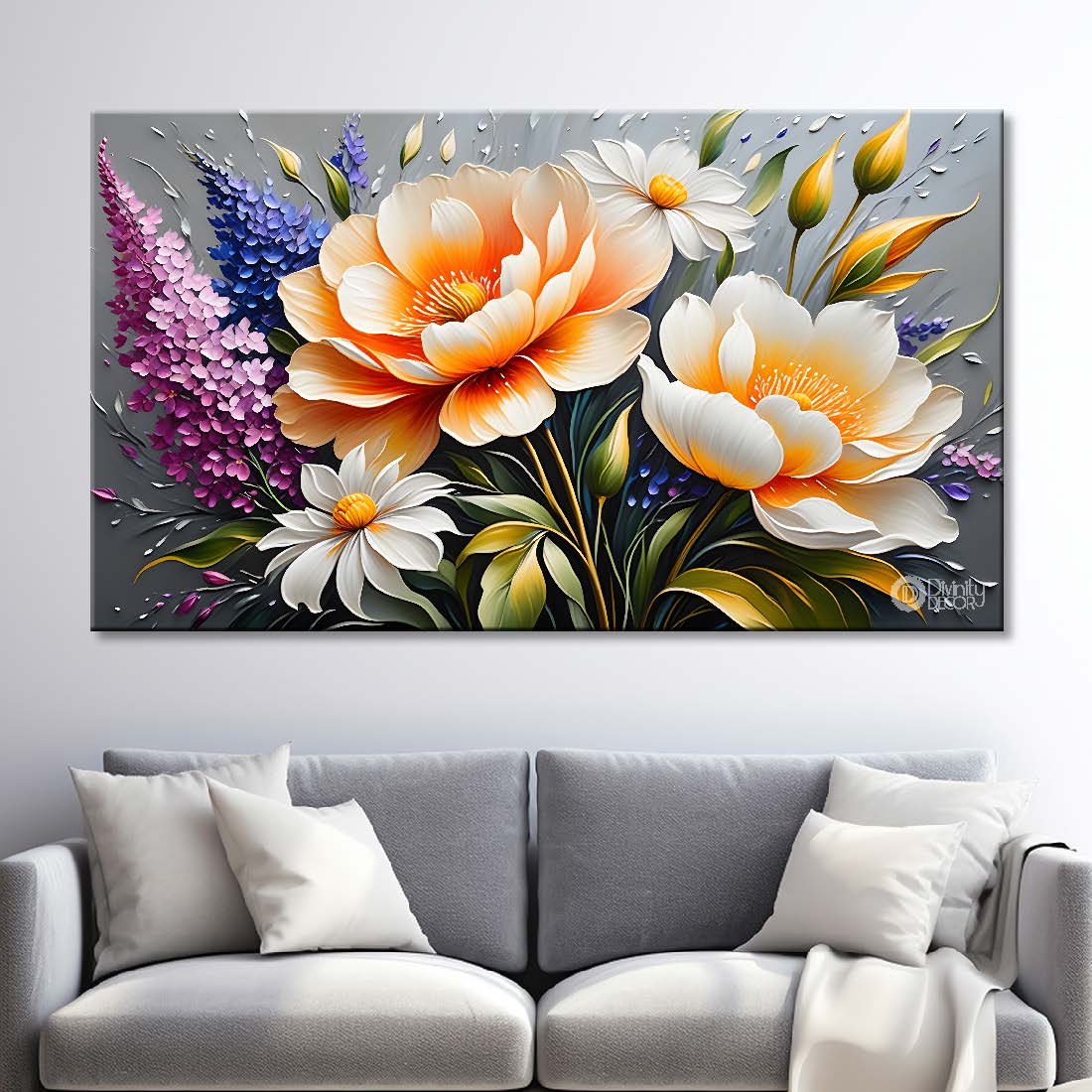 White flowers in grey background canvas painting- Flower-324