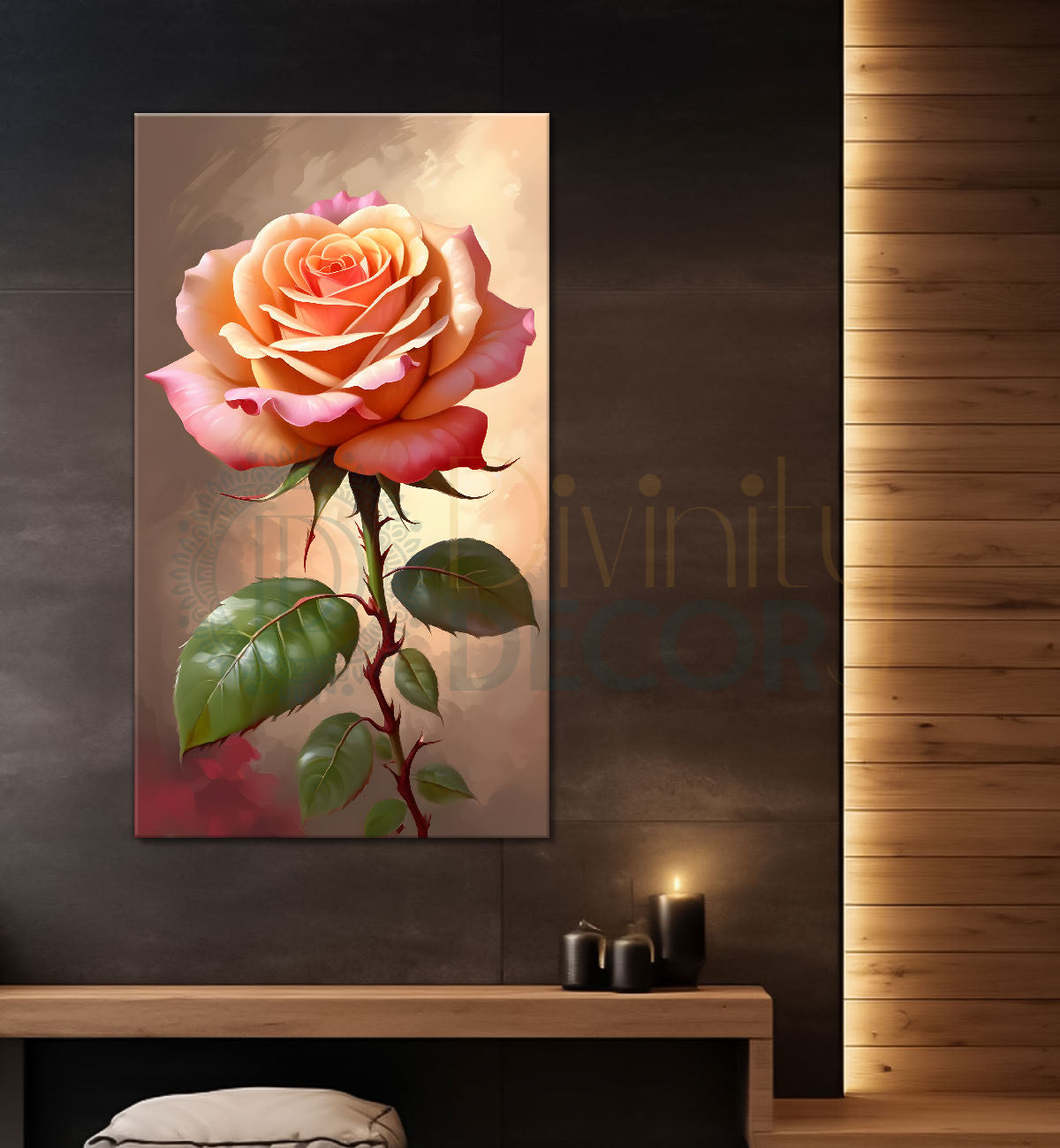 Light pink rose in light brown textued background painting- Flower-V-324
