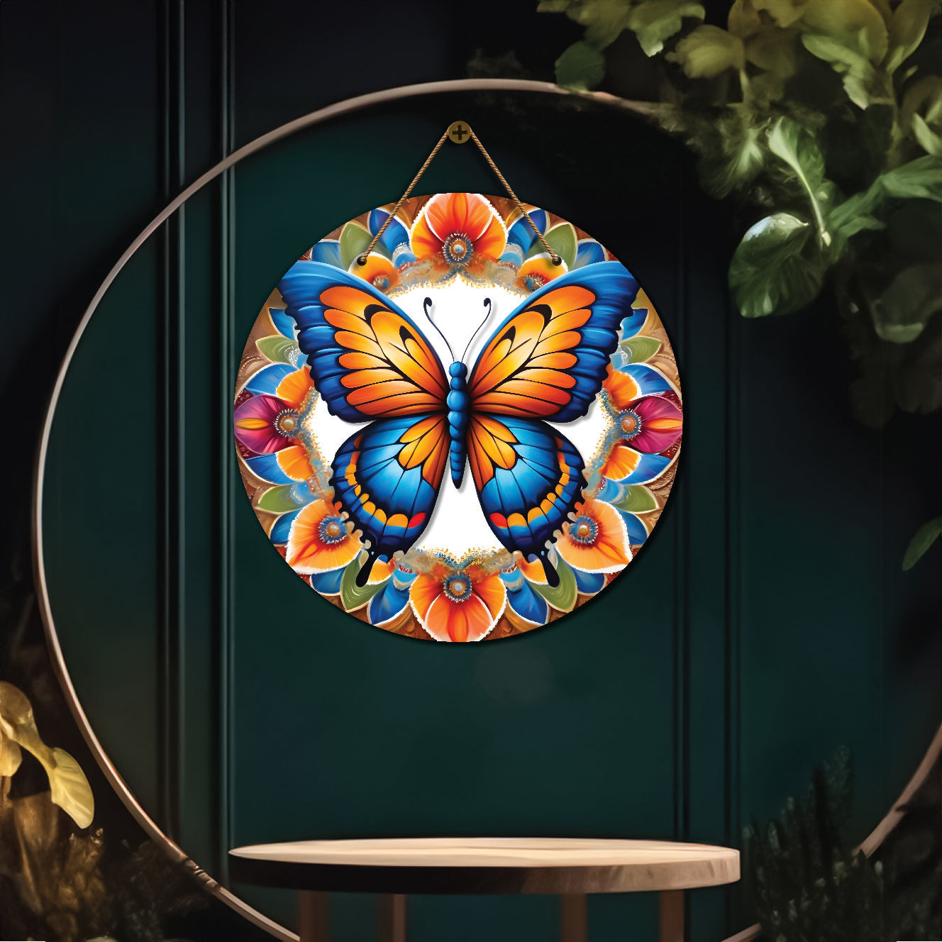 Butterfly in blue and floral mandala Round Wooden Wall Hanging for wall Décor - Design - 324