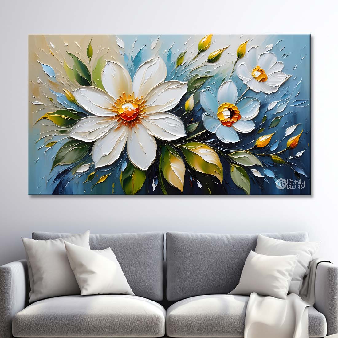 White flowers in blue background canvas painting- Flower-325