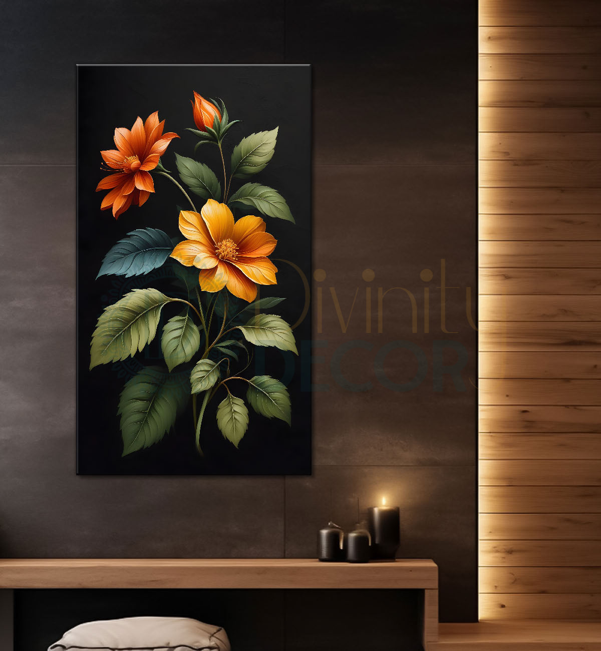 Orange flowers in dark textured painting- Flower-V-325