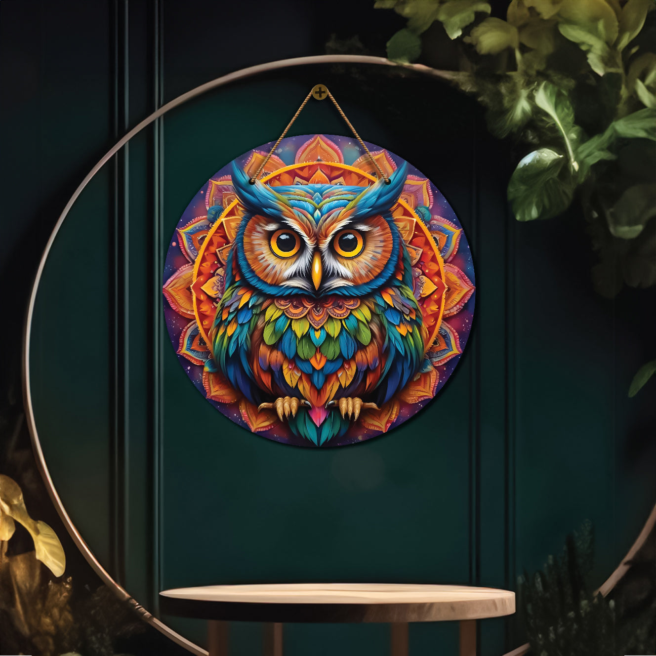 Owl in blue and orange mandala Round Wooden Wall Hanging for wall Décor - Design - 325