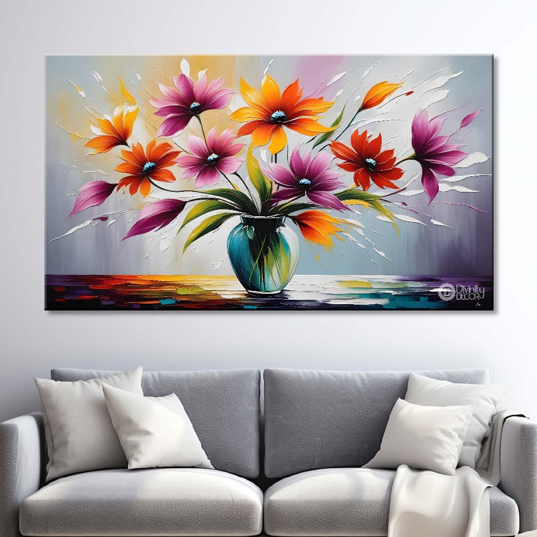 Purple and orange flowers in a vas with grey background canvas painting- Flower-326