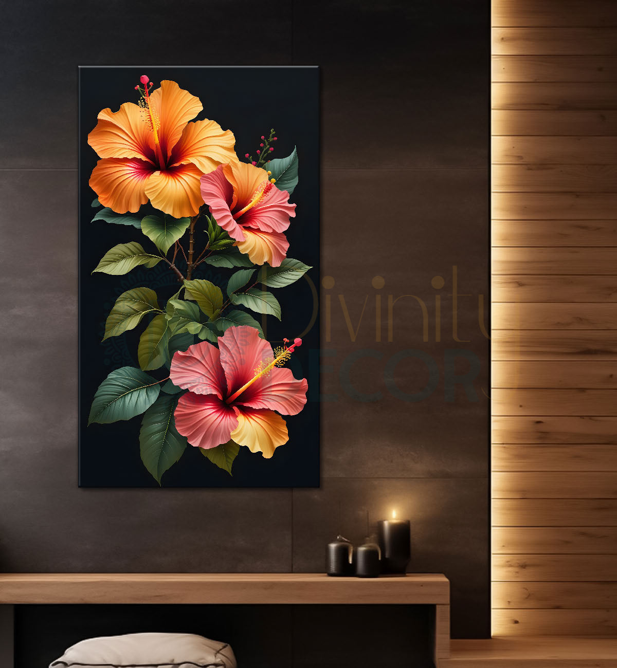 Orange flowers in dark textured painting- Flower-V-326