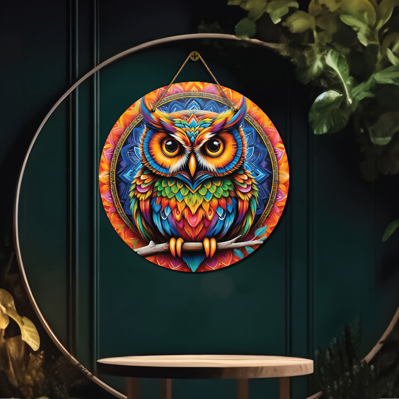 Owl in blue and orange mandala Round Wooden Wall Hanging for wall Décor - Design - 326