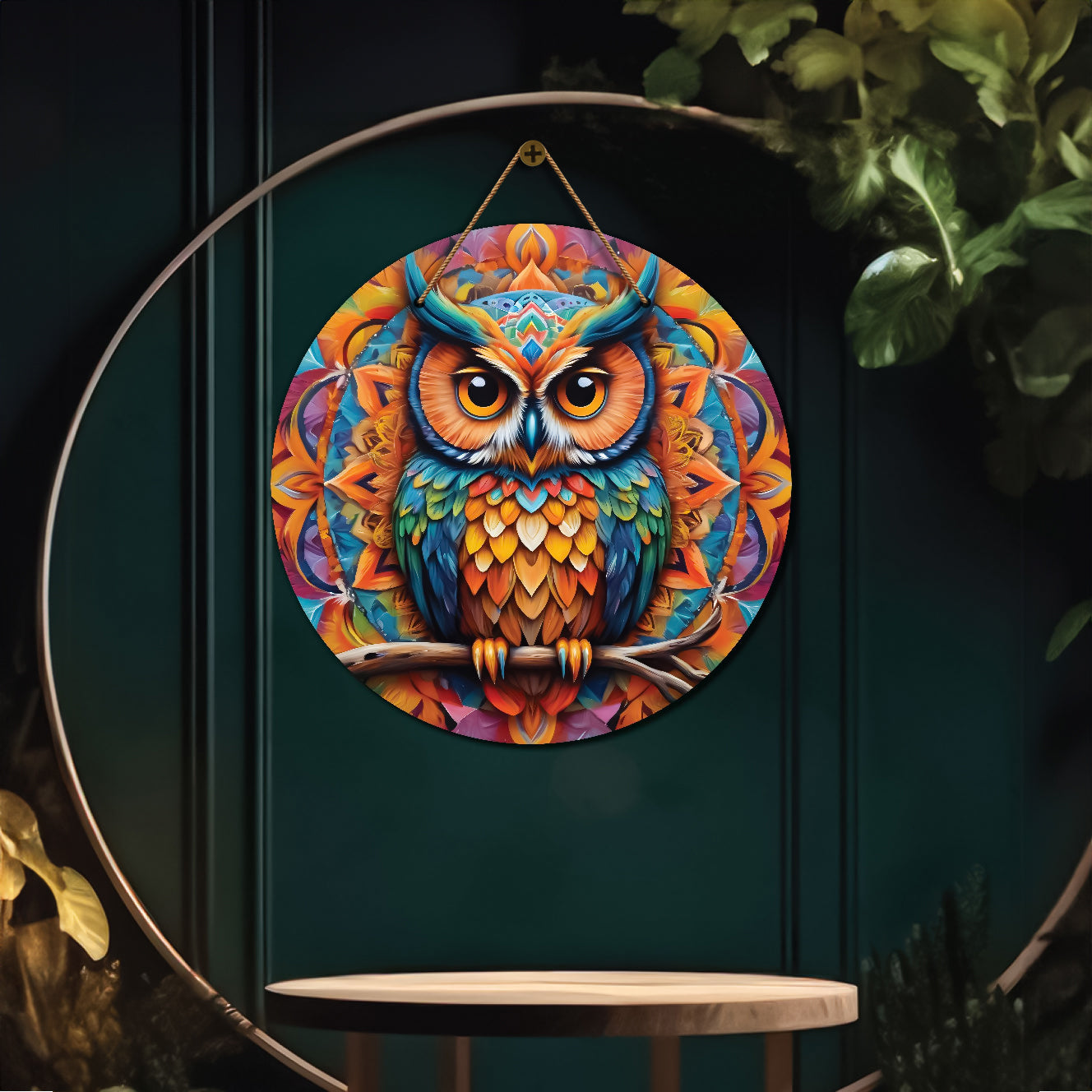 Owl in blue and orange mandala Round Wooden Wall Hanging for wall Décor - Design - 327