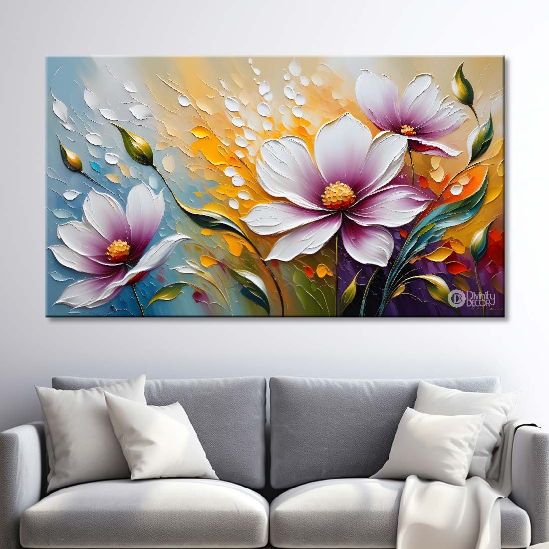 Purple flowers with light background canvas painting- Flower-328