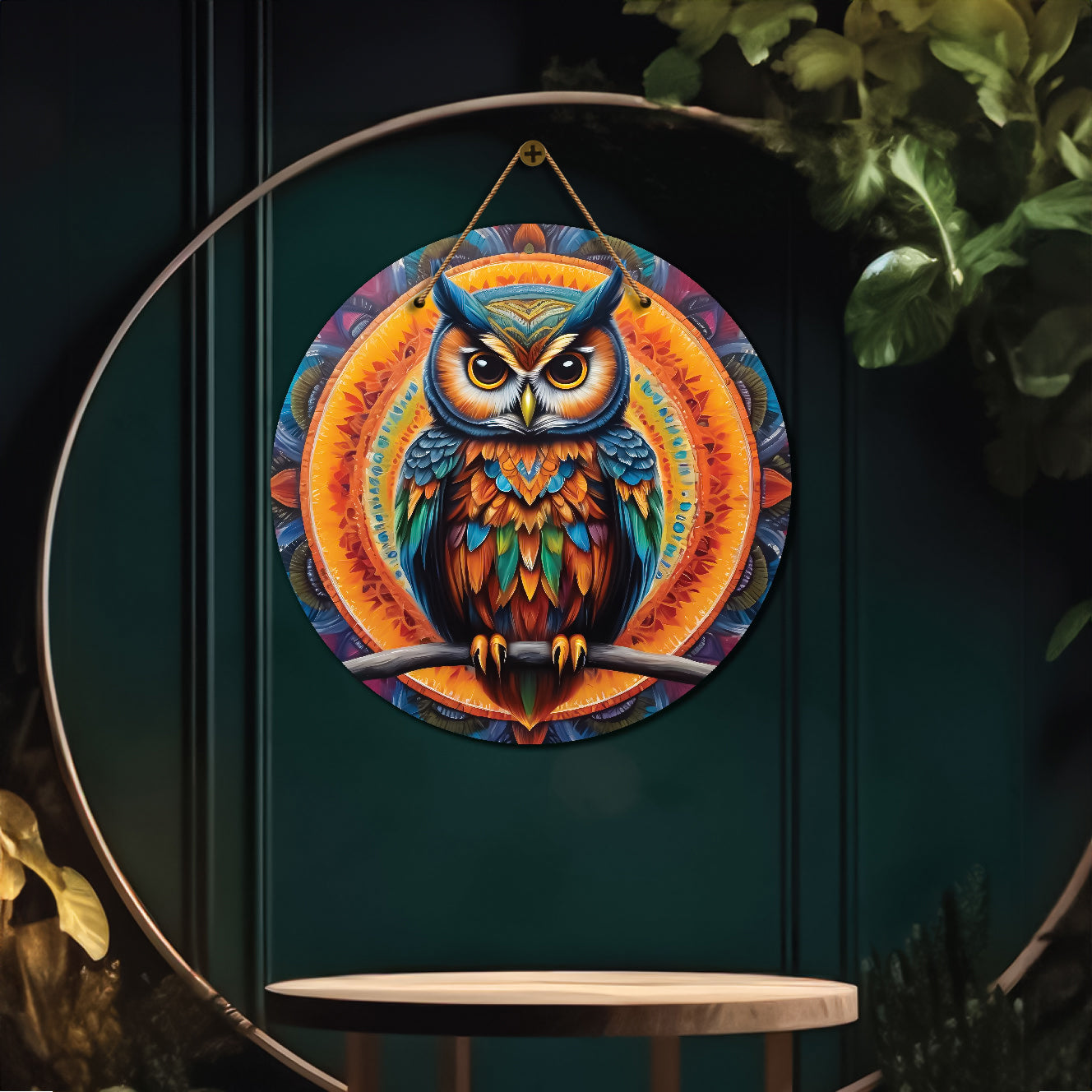Owl in blue and orange mandala Round Wooden Wall Hanging for wall Décor - Design - 328
