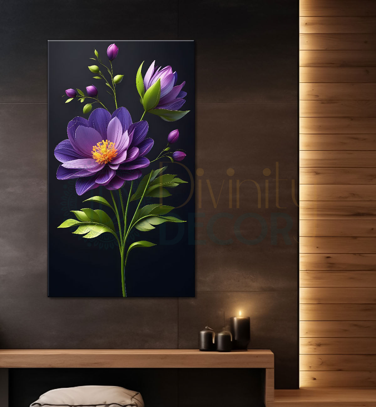 Purple flowers in dark textured background painting- Flower-V-328