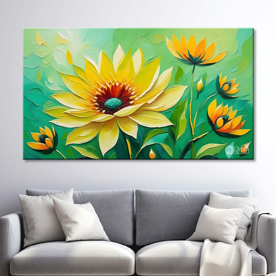 Yellow flowers in green background canvas painting- Flower-329