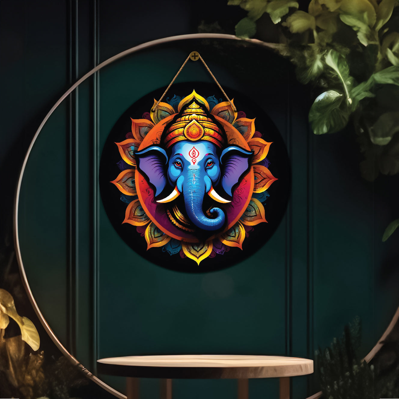 Elephant in blue and yellow mandala Round Wooden Wall Hanging for wall Décor - Design - 329