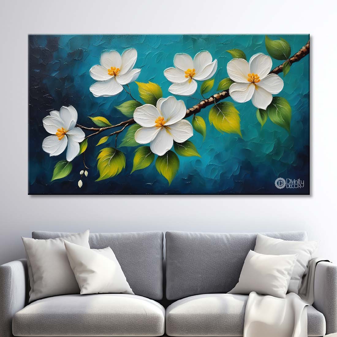 White flowers in sea green background canvas painting- Flower-330